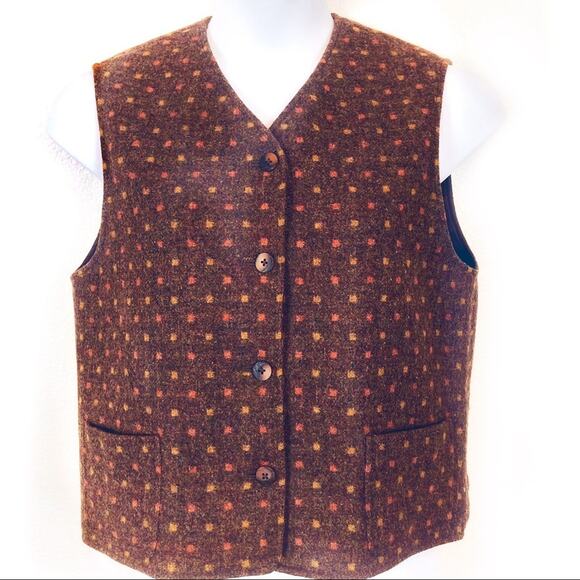 Lands’ End Vest Waistcoat 100% Wool Brown Orange Yellow Button Front Vintage - Picture 1 of 12
